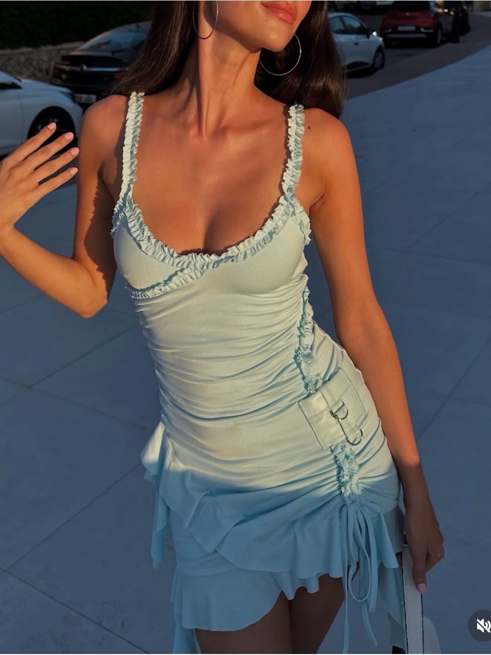 Light Blue Ruffle Ruched Mini Dress